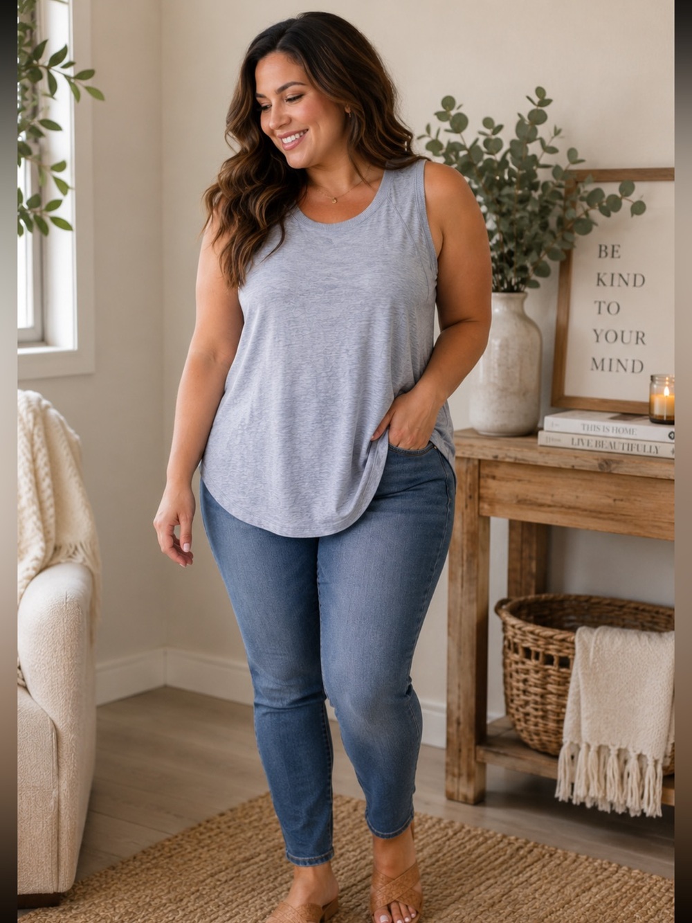 Light Blue Heathered Sleeveless Tank Top - Picture 1 of 4
